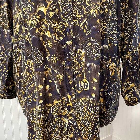 Details Express Plus Size 24 Shirt 100% Silk Button Front Floral Artsy Gray Gold - Picture 6 of 10